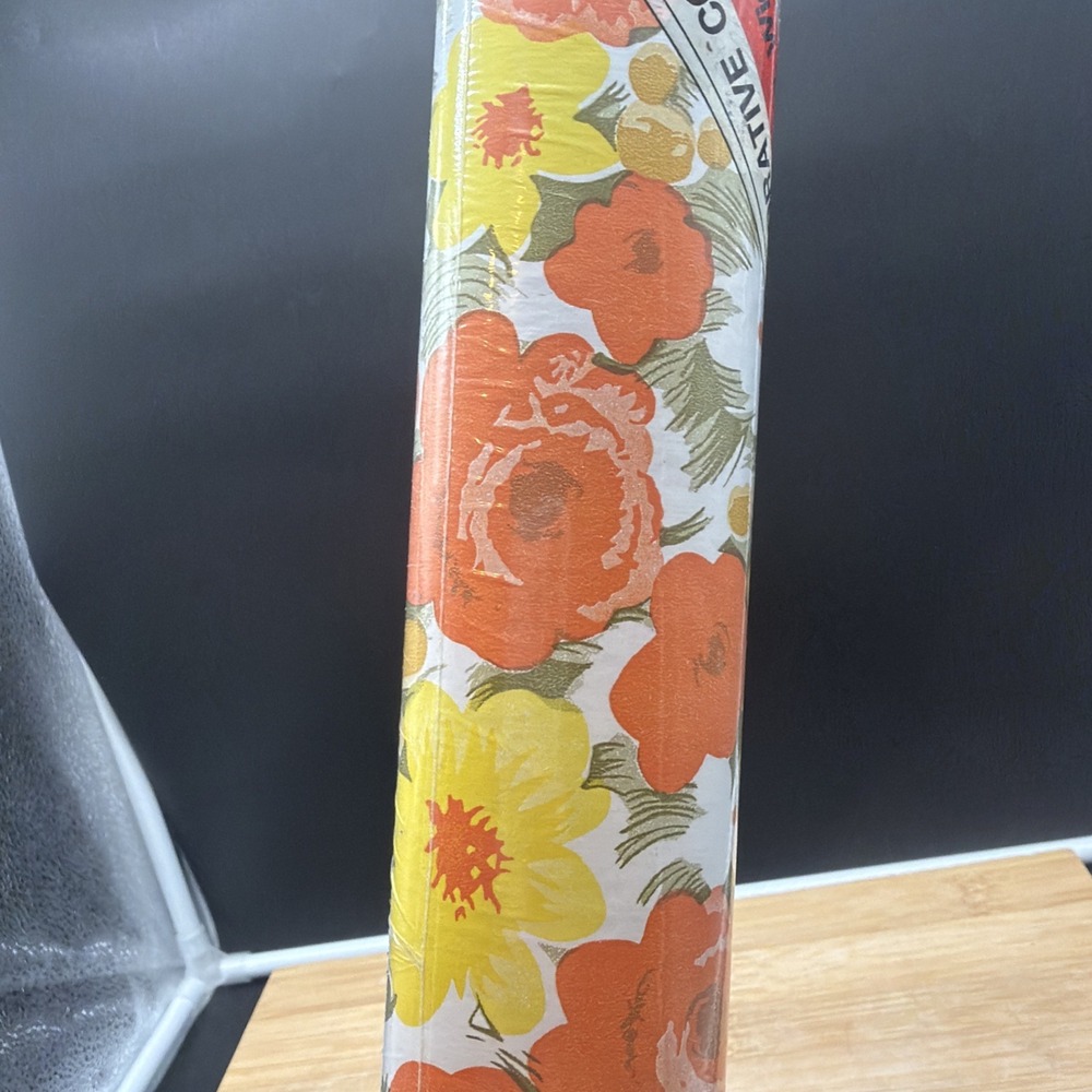 Vtg Carlan Drawer Shelf Liner Self Adhesive 3 Yds 1970's Yellow Orange Floral